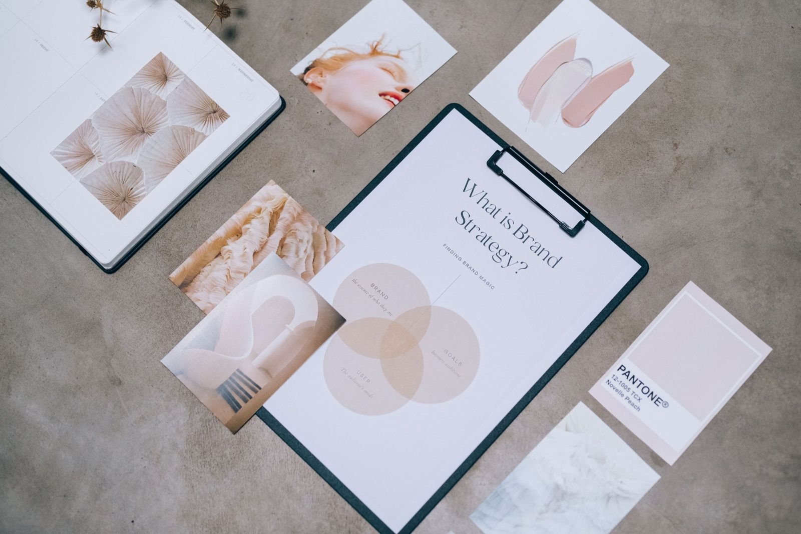 A brand strategy mood board with colour swatches and inspiration prints